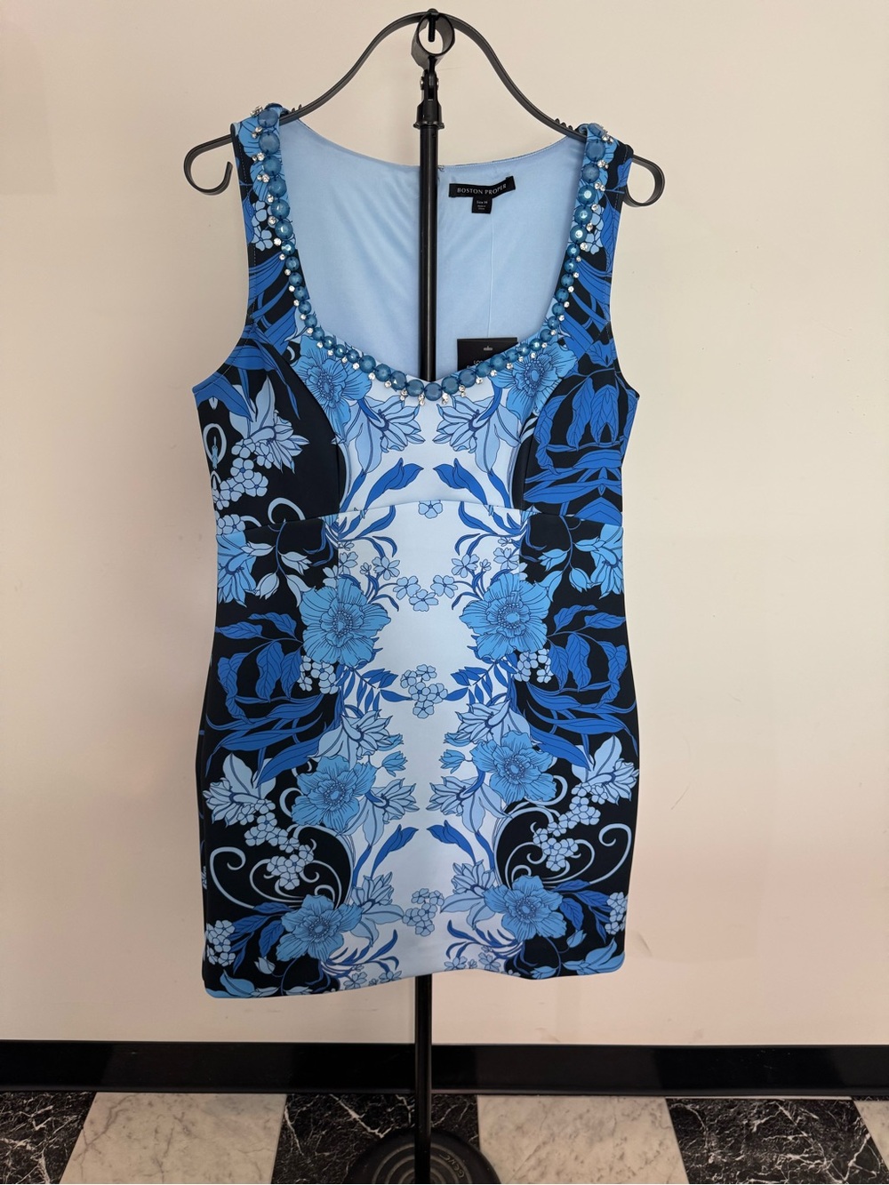 Boston Proper Blue Floral Beaded Neck Stretch Sheath Dress NWT Sz 14 Scuba